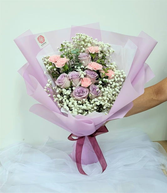 Bouquet - Pink Carnations & Purple Roses