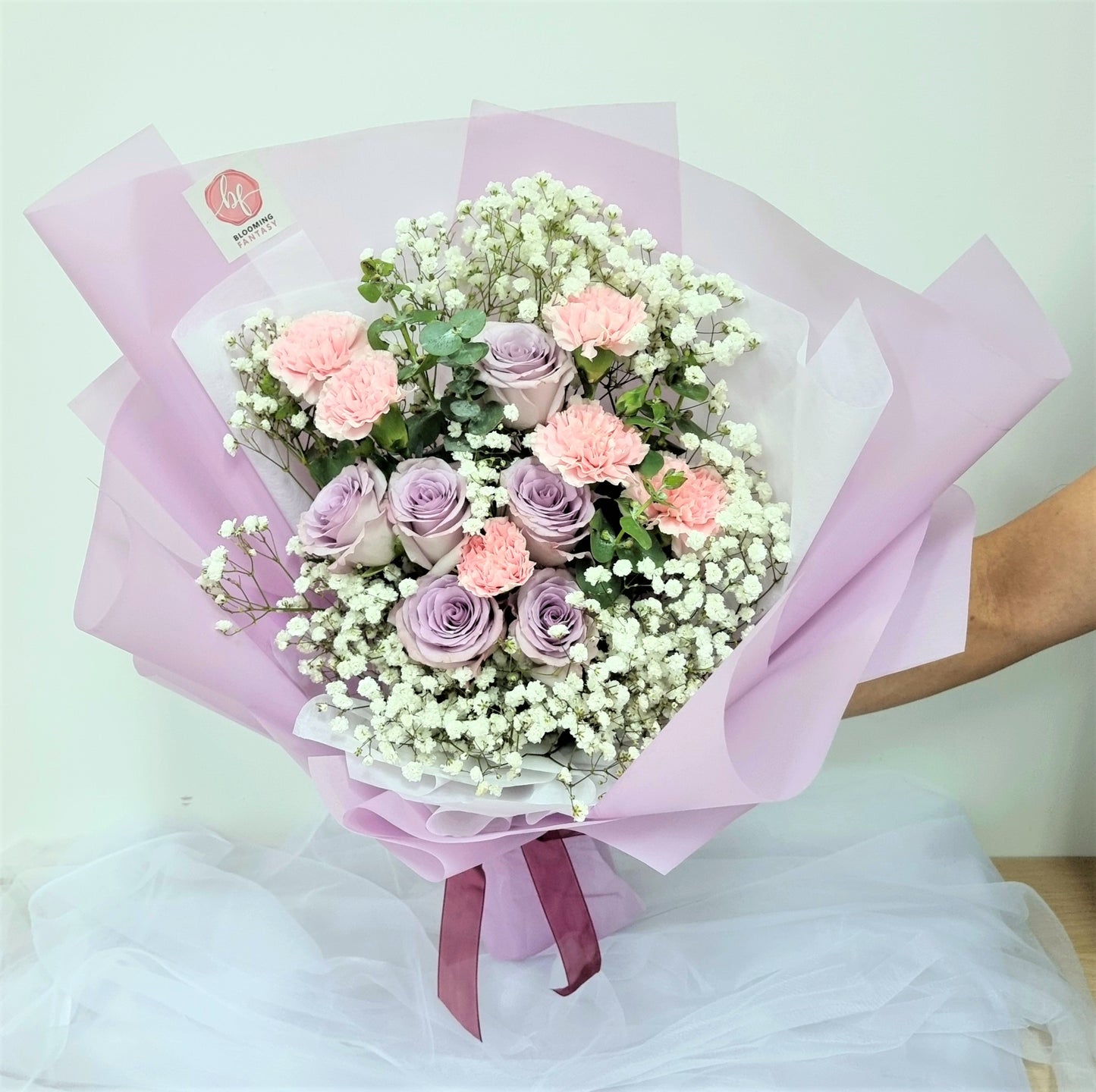 Bouquet - Pink Carnations & Purple Roses