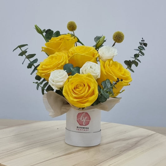 Bloom Box (Petite) - Yellow Rose with White Eustomas