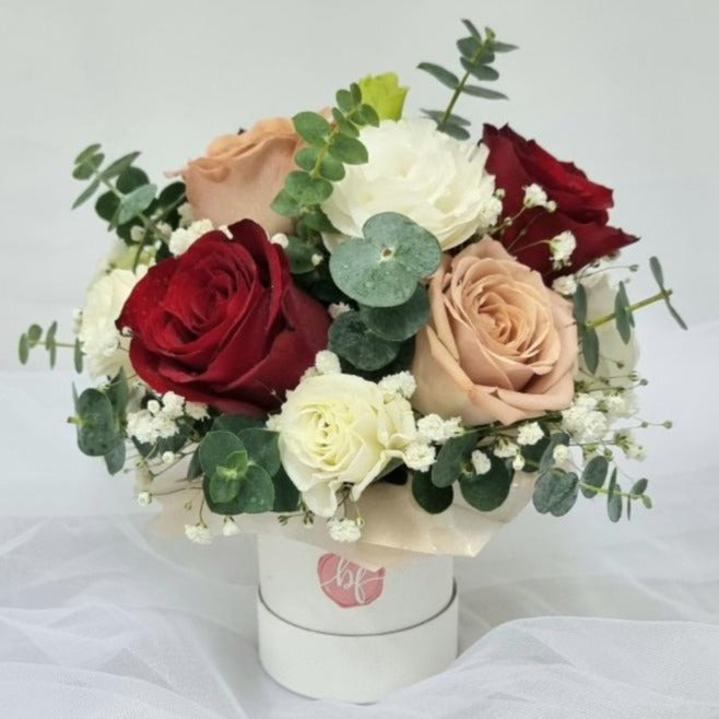 Bloom Box (Petite) - Red and Cappuccino Rose with White Eustomas