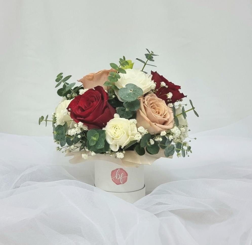 Bloom Box (Petite) - Red and Cappuccino Rose with White Eustomas