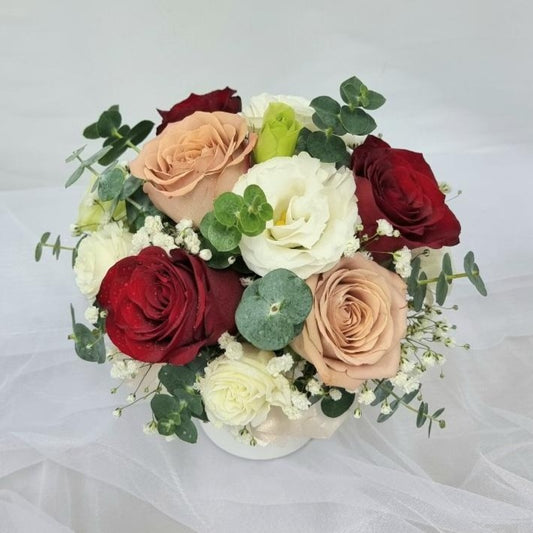 Bloom Box (Petite) - Red and Cappuccino Rose with White Eustomas