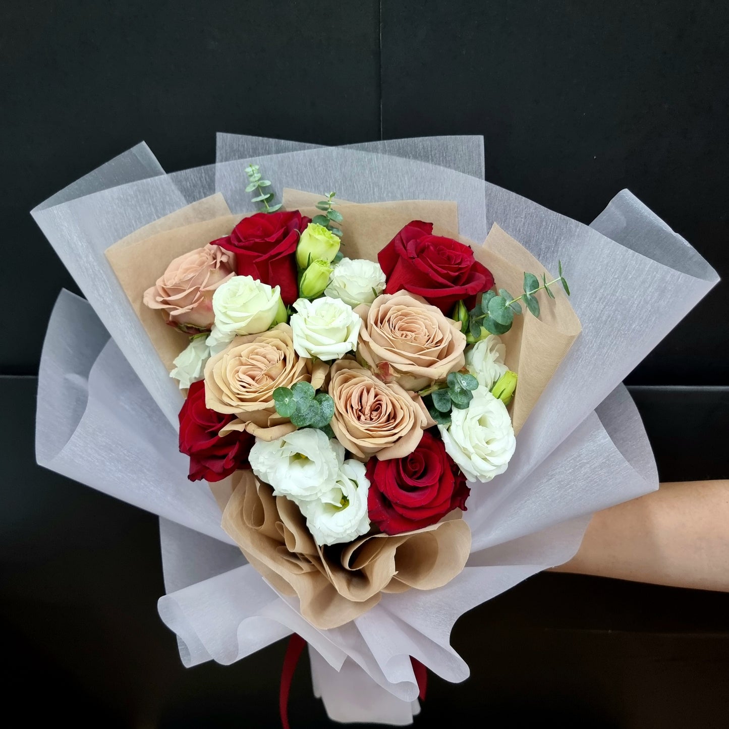 Bouquet - Red Roses, Cappuccino Roses and White Eustomas