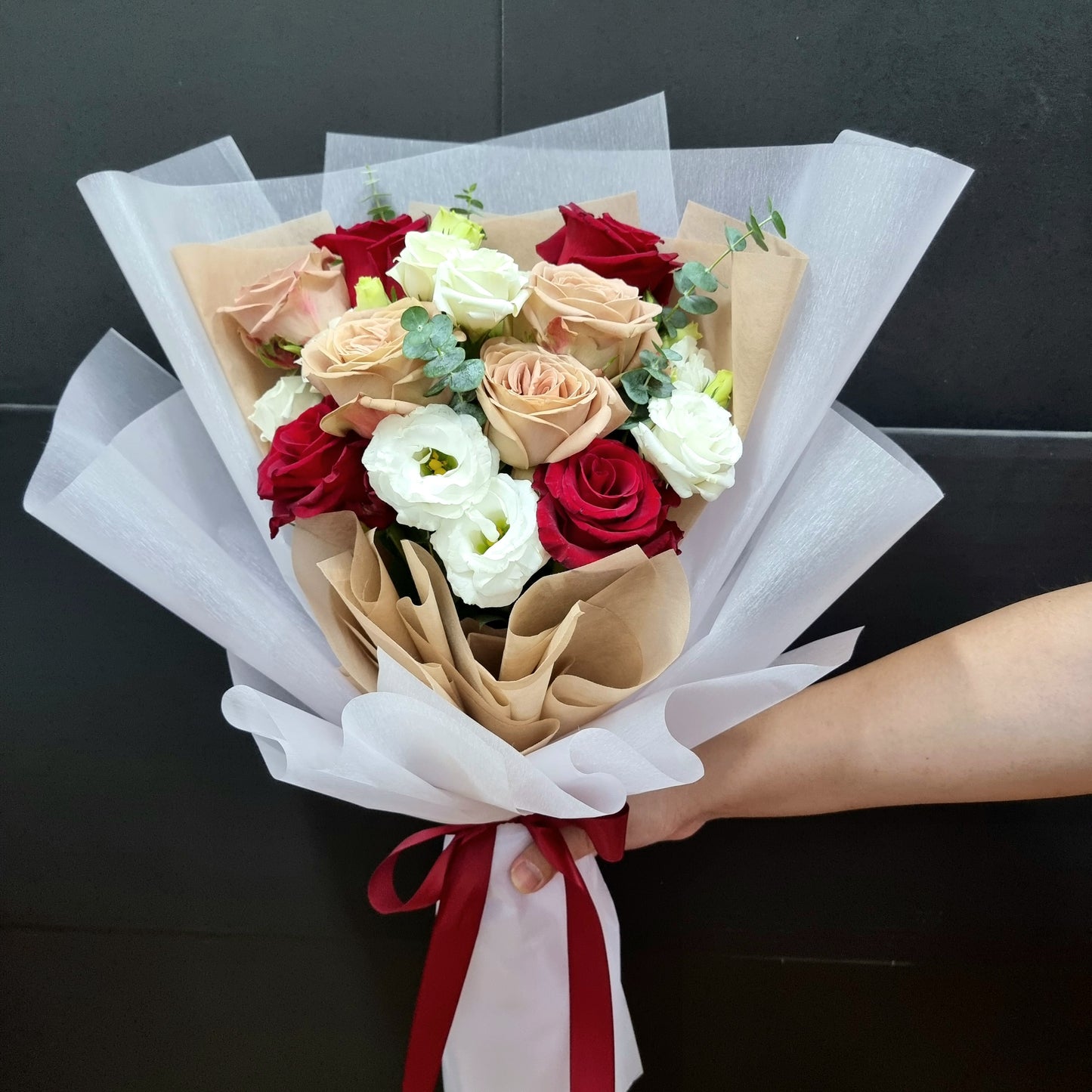 Bouquet - Red Roses, Cappuccino Roses and White Eustomas