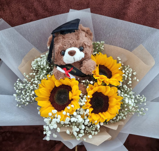 Bouquet - Sunflowers & Baby Breath with Graduation Bear